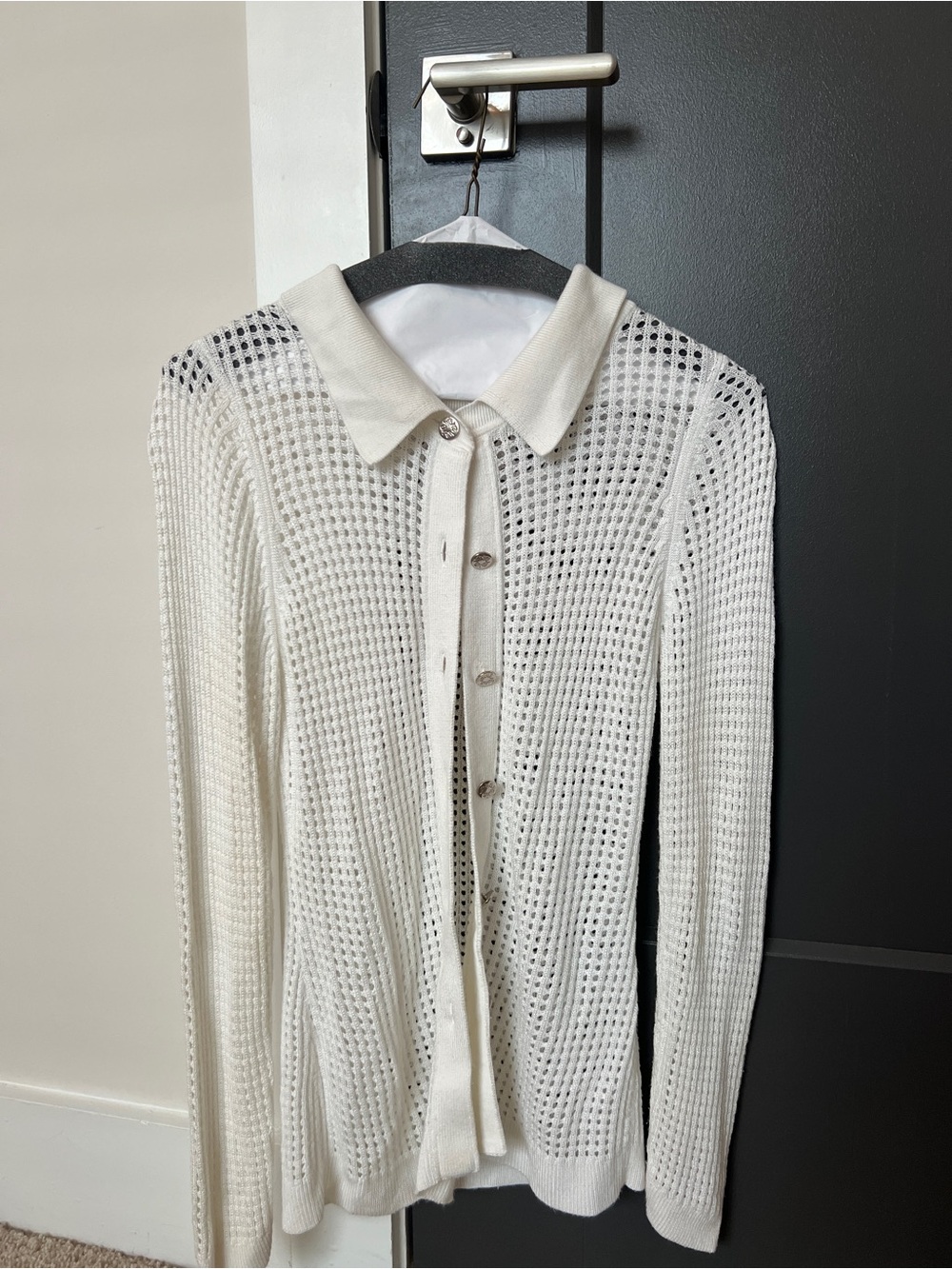 White House Black Market Open-Knit White Button Cardigan